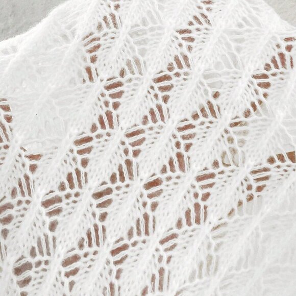 White Casual Women's Crew Neck Hollow Front Button Cardigan Knit Sweater - Picture 3 of 7